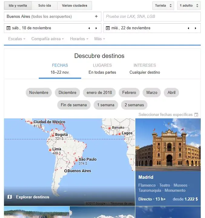 Una captura de cómo se ve Google Flights cuando se ingresa una búsqueda por primera vez