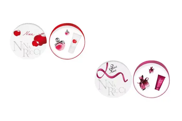 Cofre Ricci Ricci  o Nina de Nina Ricci, con eau de toilette de 80 ml, body lotion y eau de toilette de 5 ml ($325 c/u)