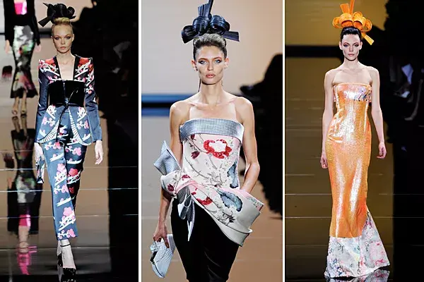 Estampas florales, kimonos, origami...la colección de Armani Privé tuvo una fuerte impronta oriental para rendir homenaje a Japón tras el terremoto sufrido en marzo; los tocados estuvieron a cargo de Philip Treacy