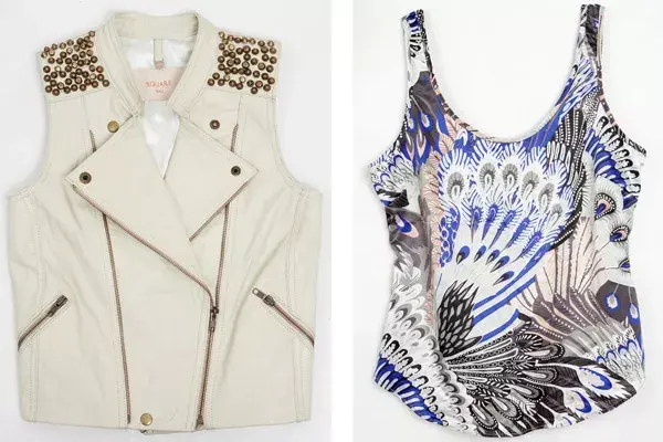 La firma Square presenta chalecos de cuero con tachas ($699) y tops estampados ($178)