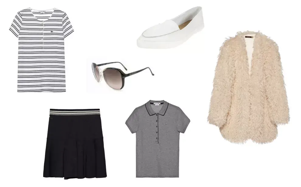 Tapado (Vevu) Pollera (Lacoste, $1399) Anteojos (Elizabeth Arden) Mocasin (Foglia, $405 sale DFT) Chomba y remera (Lacoste, $909 y $699)