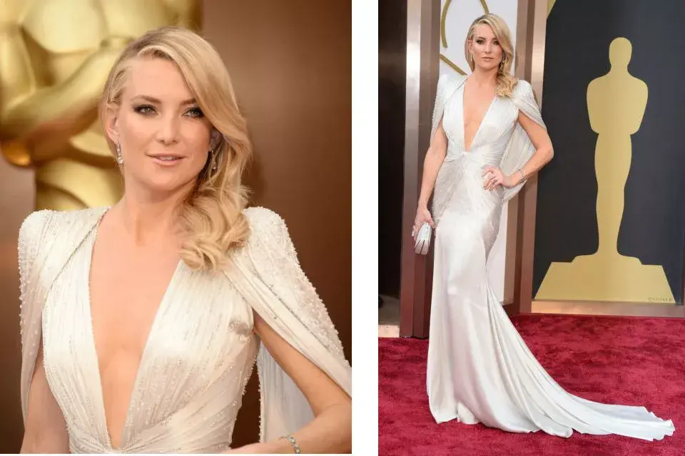 Un Versace Atelier de escote pronunciado, capa y cola para Kate Hudson y su paso por la alfombra roja de los Oscar