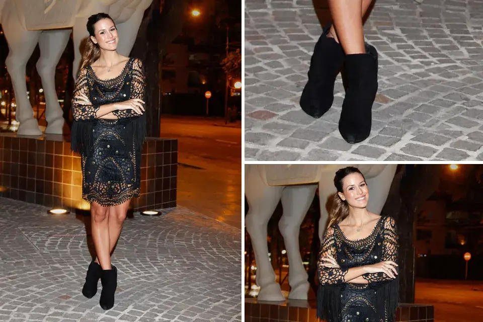 Impecable el look de Luli Fernández para cenar en PF Chang´s: vestido con tejido con apliques dorados y botitas negras. ¡Nos encantó!