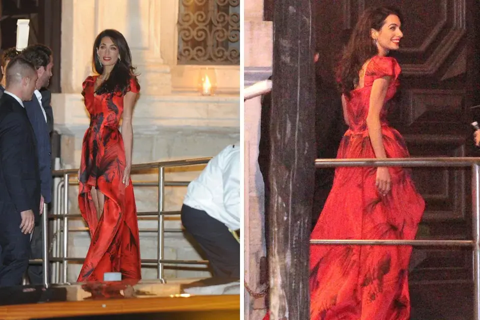 La despedida de soltera fue el viernes por la noche, Amal lució un espectacular traje de McQueen, una adaptación de un modelo de la colección Resort 2011, en color rojo y negro con escote en V