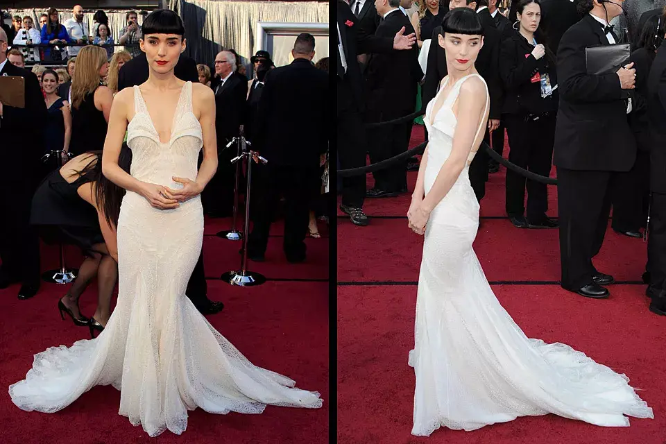 La ascendente Rooney Mara (ya considerada una chica "it" por su estilo)  llevó un vestido blanco de Givenchy Couture con una falda sirena bien abierta y vaporosa