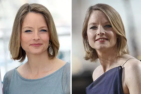 El clásico peinado de Jodie Foster, suelto con raya al costado y siempre con un corte por arriba de los hombros