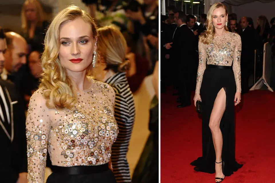 Súper sexy, Diane Kruger mostró las piernas con su falda con importante tajo, que llevó con una blusa súper adherente en color nude con lentejuelas bordadas; todo el equipo es de Jason Wu