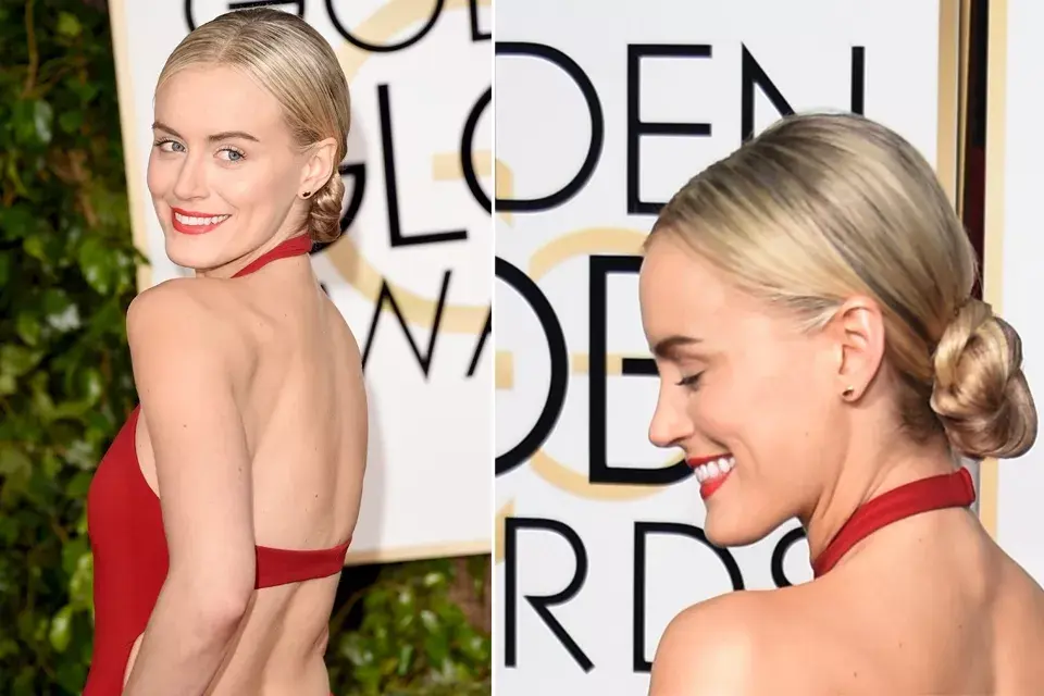 Taylor Schilling llevó un recogido bajo y prolijo y destacó sus labios con un labial rojo pasión