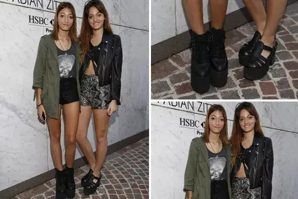 Las hermanitas Sabatini, Tiziana y Oriana, con un look canchero y juvenil: parka militar, remera rocker y short negro para la primera. En el caso de Oriana, eligió campera de cuero y short en animal print ¿Cuál te gusta más?