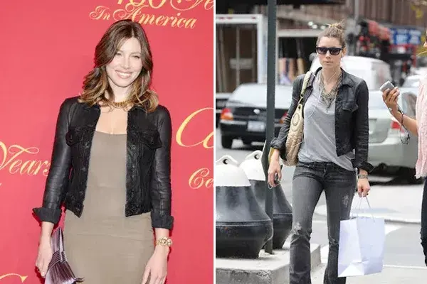 Dicen que es uno de los básicos de moda del guardarropa femenino y Jessica Biel sigue a rajatabla este mandamiento usando su campera de cuero para un cocktail de noche  o para ir de compras durante el día