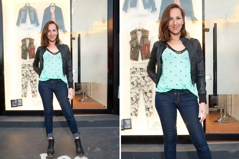 Catarina Spinetta en Lee con un look muy casual: campera de cuero, chupines y botas