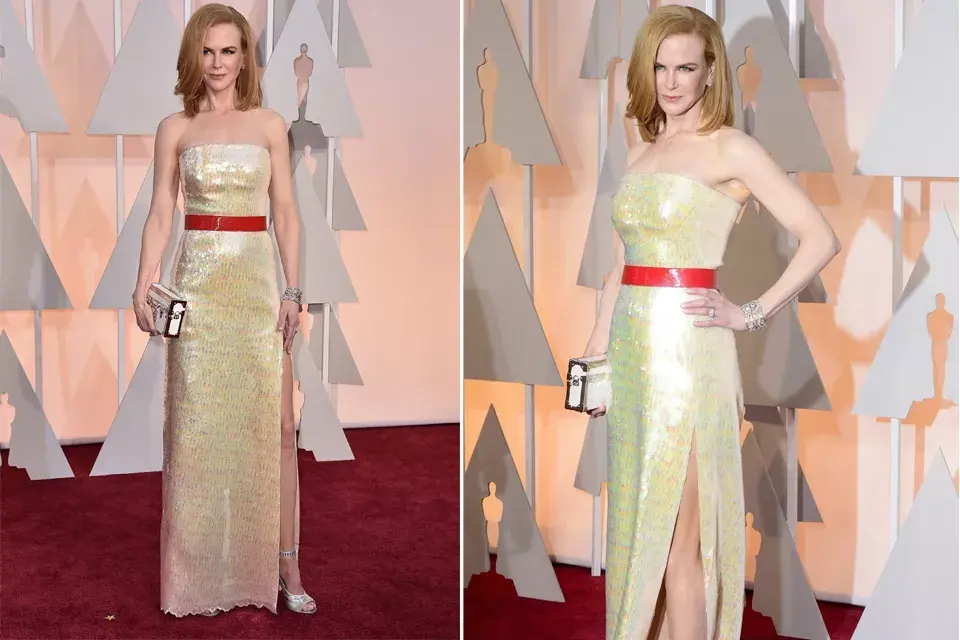 Nicole Kidman eligió un vestido polémico en verde tornasolado con un cinturón rojo. Igualmente, al margen de esto, ¡parece una muñeca de cera!