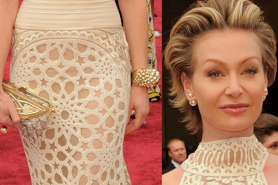 Portia De Rossi no se olvidó de nada: anillos, pulseras, aros y un clutch muy vistoso