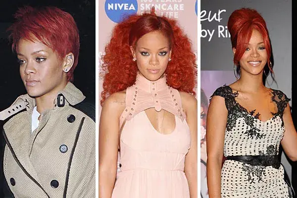 Rihanna siempre sorprende con sus cambios de peinados, en rojo furioso: corto, con muchos rulos y recogido