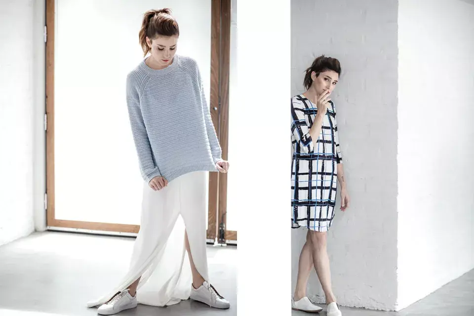 Izq.: suéter (Basement, $900), vestido (Paula Cahen D’Anvers, $2700), zapatillas (Paula Cahen D’anvers, $2800). Der.: vestido  (Ayres, $2200), zapatos (Paula Cahen D’anvers, $3200).