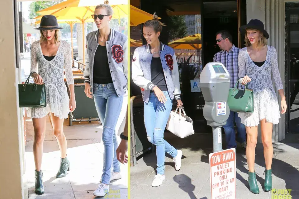 En este caso, las vemos con outfits bien distintos: Karlie, apelando a su lado más sporty y Taylor, bien femenina con ese vestidito de encaje