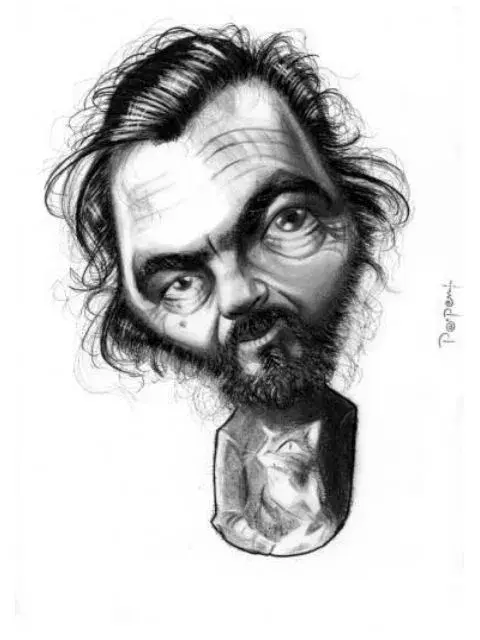 Julio Cortázar con uno de sus gatos. Caricatura de Diego Parpaglione