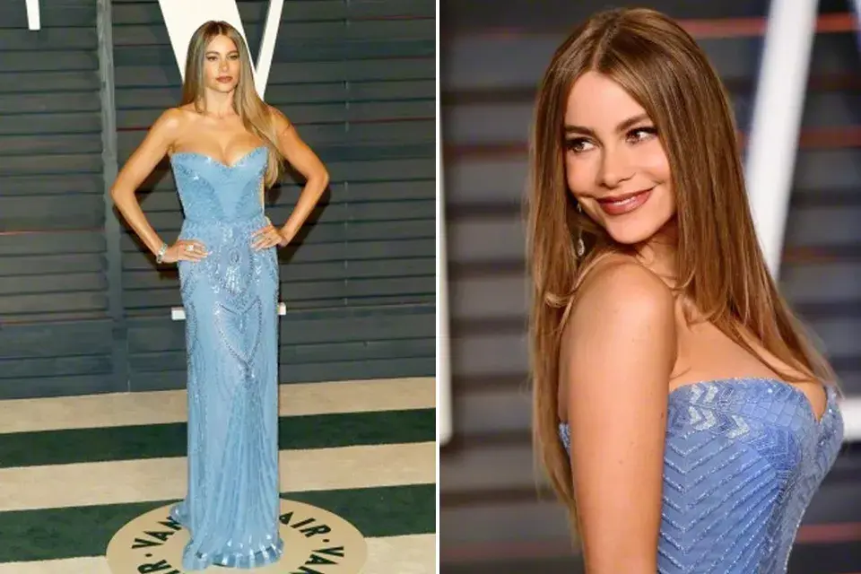Sofía Vergara con un Zuhair Murad celeste en la fiesta de Vanity Fair este año