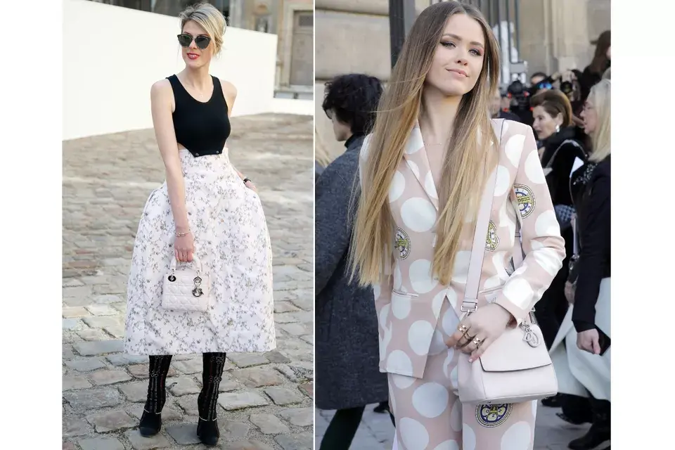 Otras dos blogueras de moda: Sofie Valkiers y Kristina Bazan. La primera, súper femenina con un look de falda midi en blanco y negro. La segunda, con una mezcla de look sastrero y pijamero. ¿Con cuál te quedás?