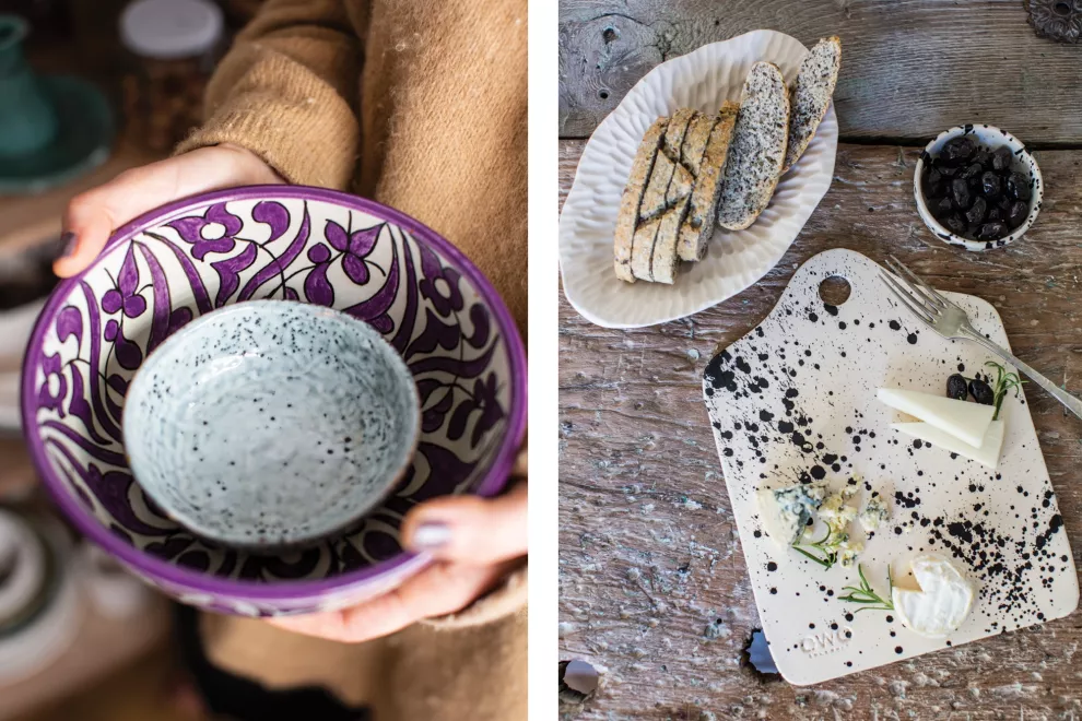 A la izquierda, un bowl que compró en Fez, Marruecos. A la derecha, una tabla de su línea Rock