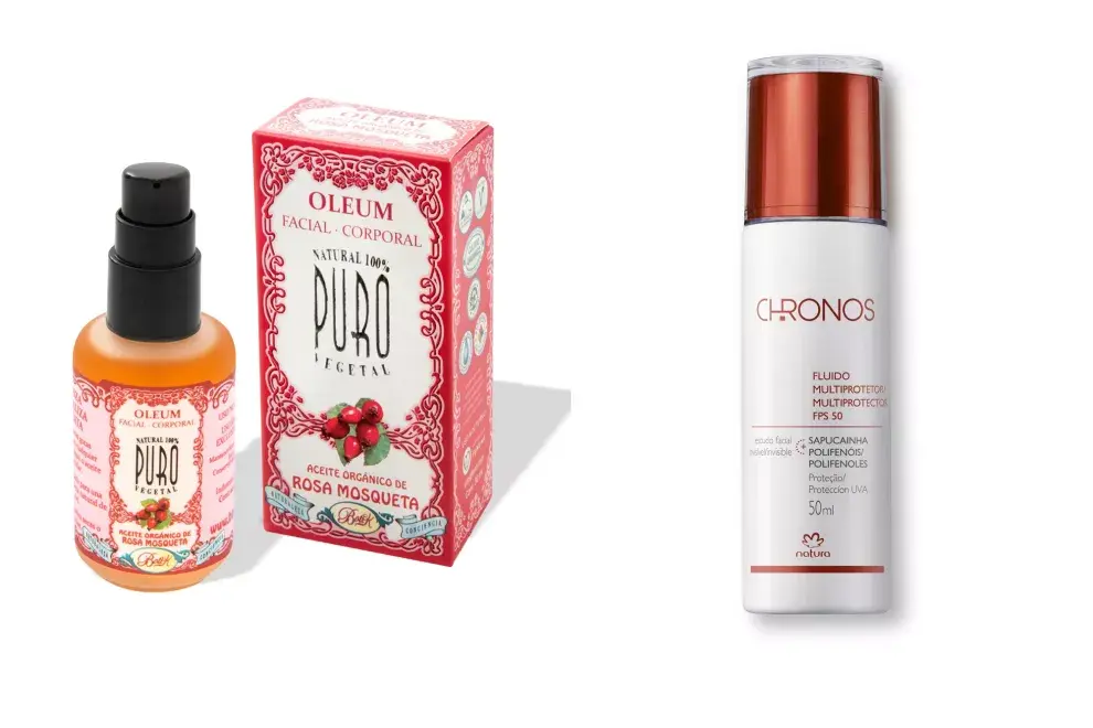 Aceite facial y corporal de rosa mosqueta, para pieles secas y/o maduras, disminuye manchas, unifica el tono, y la textura de la dermis, $561, Boti-k. Fluido facial multiprotector FPS 50 hidrata y combate la contaminación, $543, Natura Chronos