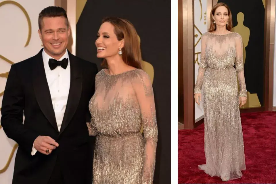 Angelina Jolie optó este año por transparencias. El responsable del diseño el libanes Elie Saab. Brad Pitt la acompaña con un esmoquin de Tom Ford