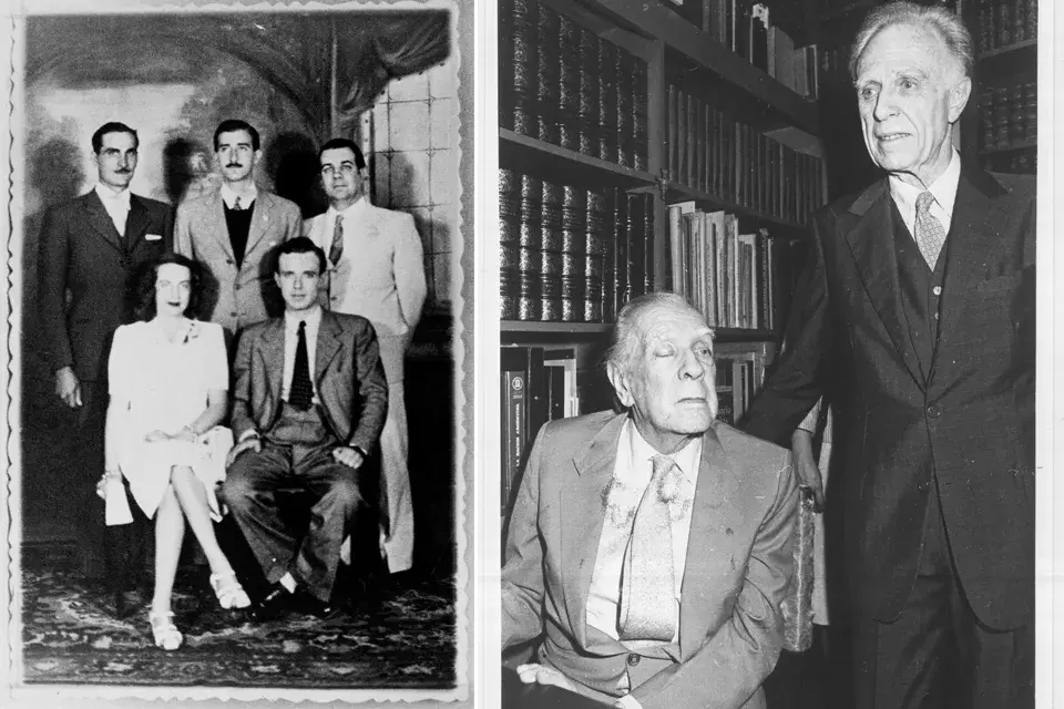 en 1940: Oscar Pardo, Enrique Drago Mitre, Jorge Luis Borges, Silvina Ocampo y Adolfo Bioy Casares; y Bioy con Borges en la librería de Alberto Casares en 1985