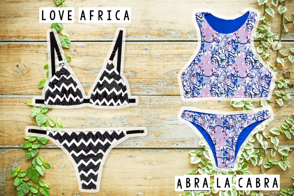 Bikini triangulito estampada negra y blanca $950 de Loveafrica / Bikini top estilo deportivo $650 de Abra La Cabra