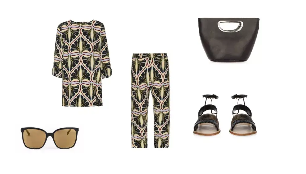 Blusa y Pantalón (Cher, $3200 y $2900) Anteojos (Elizabeth Arden) Sandalias (Lisa Brenan, $1890) Cartera (Clara Ibarguren, $3200)