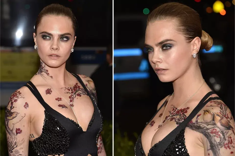Cara Delevingne llevó un recogido sencillo para destacar todos los tatuajes temporales que se imprimió en el escote y los brazos... No es lo mejor que le hemos visto