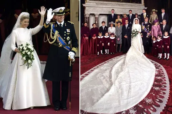 Máxima Zorreguieta se convirtó en princesa cuando se casó con el príncipe Guillermo de Holanda, en 2002. Ese día lució un vestido de seda de color marfil, de escote alto y mangas tres cuartos, con cola de más de cinco metros y una corona con abundancia de perlas