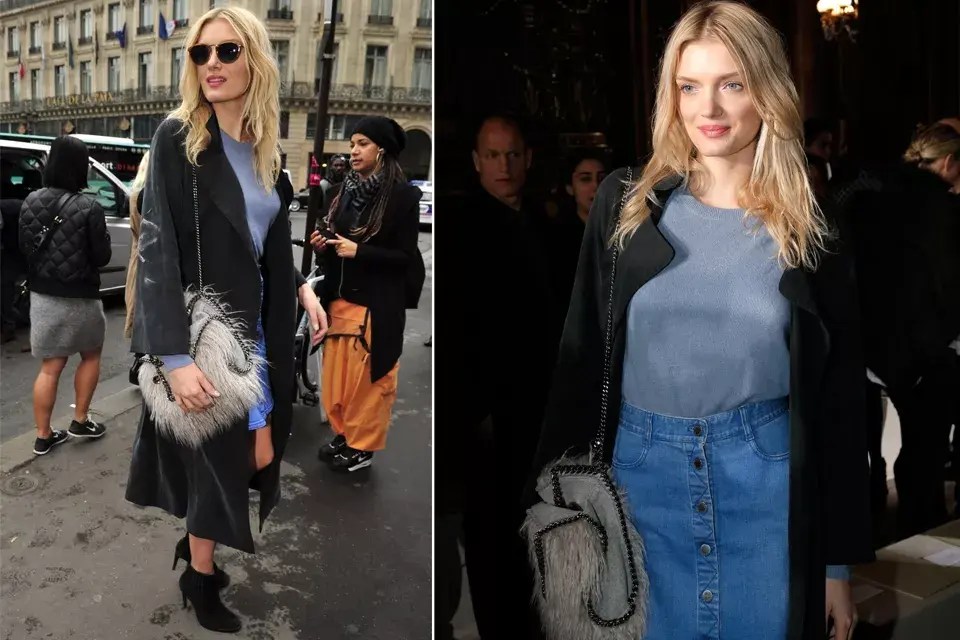 La modelo Lily Donaldson se jugó por un look más informal, con sweater de cashmere y una falda de jean