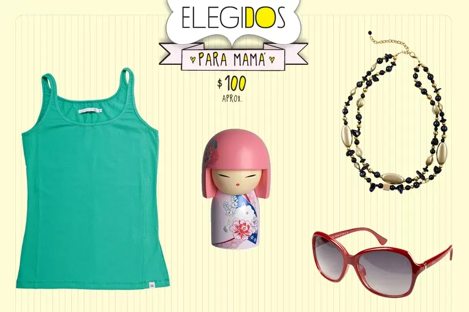 Musculosa (Sail, $120), ideal para la mamá deportiva; collar de piedras combinado con negro y dorado (Las Penélope, $110), anteojos de sol de marco rojo, cancherísimos (Seen, en+Visión $169), muñequita Muñeca Kimmidoll (Mou, $94)