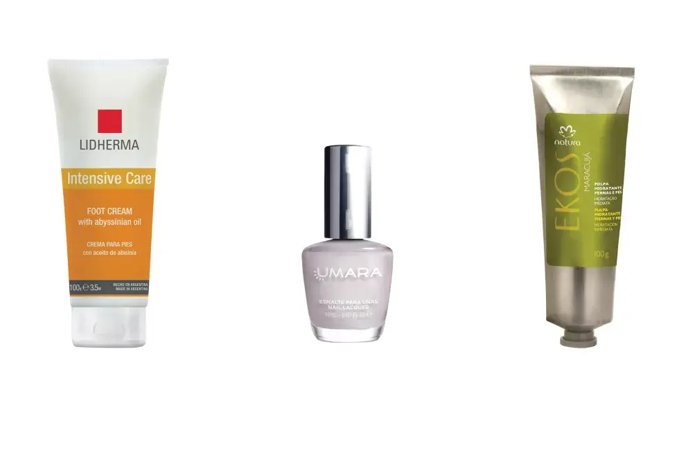 Intensive Care Foot Cream (Lidherma, $295). Esmalte Nirvana (UMARA, $135). Pulpa hidratante para manos y pies (Ekos Natura, $223)