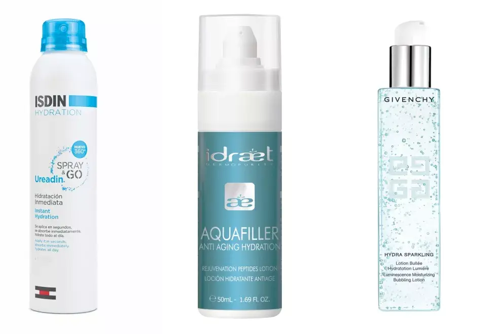 Spray and go, hidratante corporal 360° de rápida absorción (Isdin, $439). Loción hidratante anti-age (Idraet, $400). Bullée, velo hidratante y revitalizante (Givenchy, $1010)