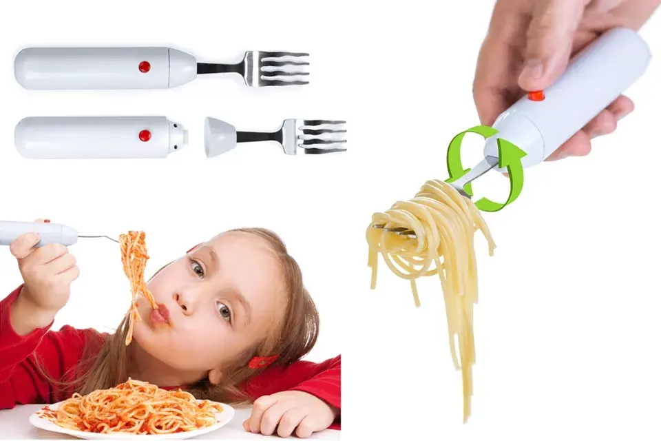 ¡La solución para los spaghetti! Un tenedor que enrosca los fideos con solo apretar un botón. ¡Genial!