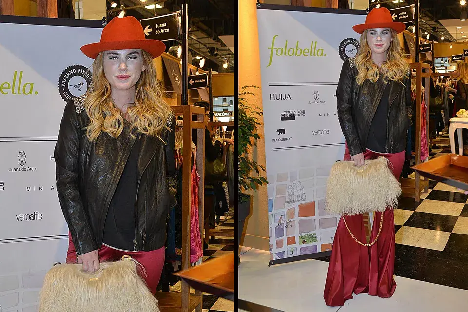 Bien bohemian chic, Esmeralda Mitre mezcló texturas como el cuero, seda y pelo para ir al evento de Falabella