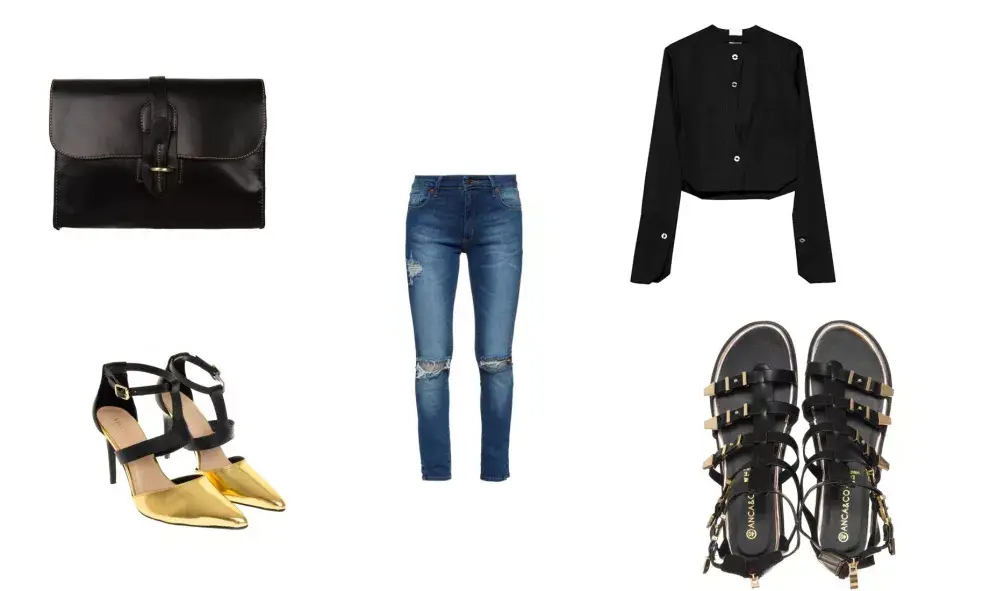 Sandalias (Anca & Co, $879) Jean (Benito, $1799) Sobre (Prune, $1100) Camisa (Dubie) Semi abiertos (Via Uno, $999 sale The Net Boutique)