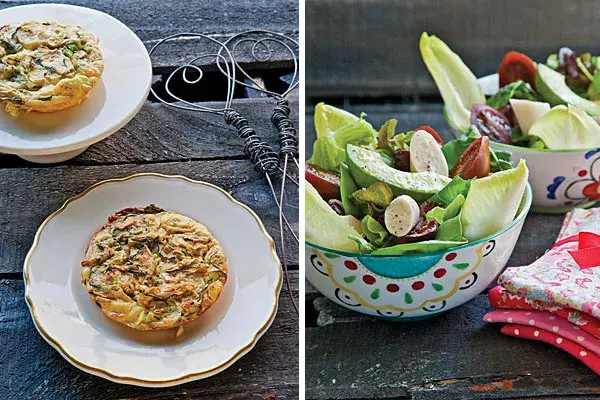 Tortilla: para 4 personas; 25 minutos; $18; ensalada: para 6 personas; 15 minutos; $45