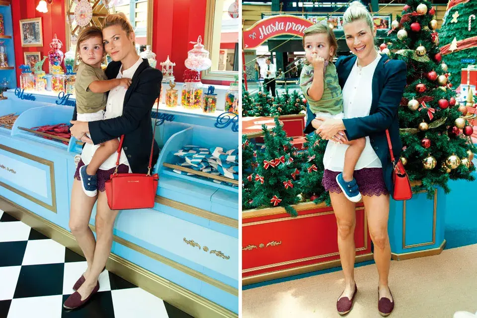 Pía Slapka con un look muy canchero, junto a su hijito en Abasto Shopping. La modelo optó por un blazer, camisa blanca y mini short de encaje