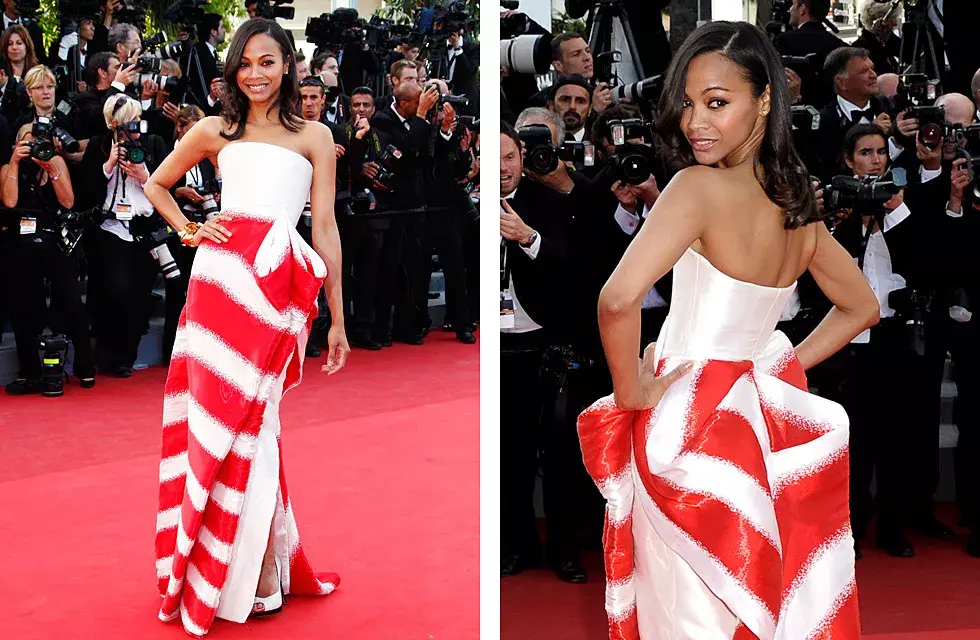 Zoe Saldana fue otra de las celebrities que eligió a Armani Privé; optó por un strapless en blanco y rojo