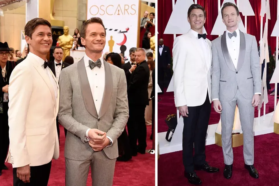Neil Patrick Harris, presentador de los Oscar vestido por el diseñador italiano Brunello Cucinelli y su pareja el actor David Burtka