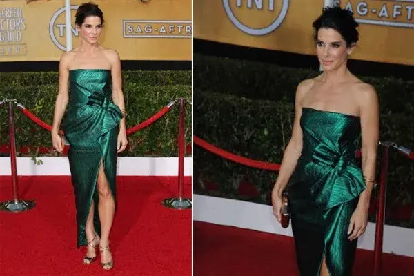 Sandra Bullock, en un Lanvin verde esmeralda, con un tajo importante. Mejor que en los Golden Globes, pero no nos fascina. ¡A ver qué nos depara para los Oscars!