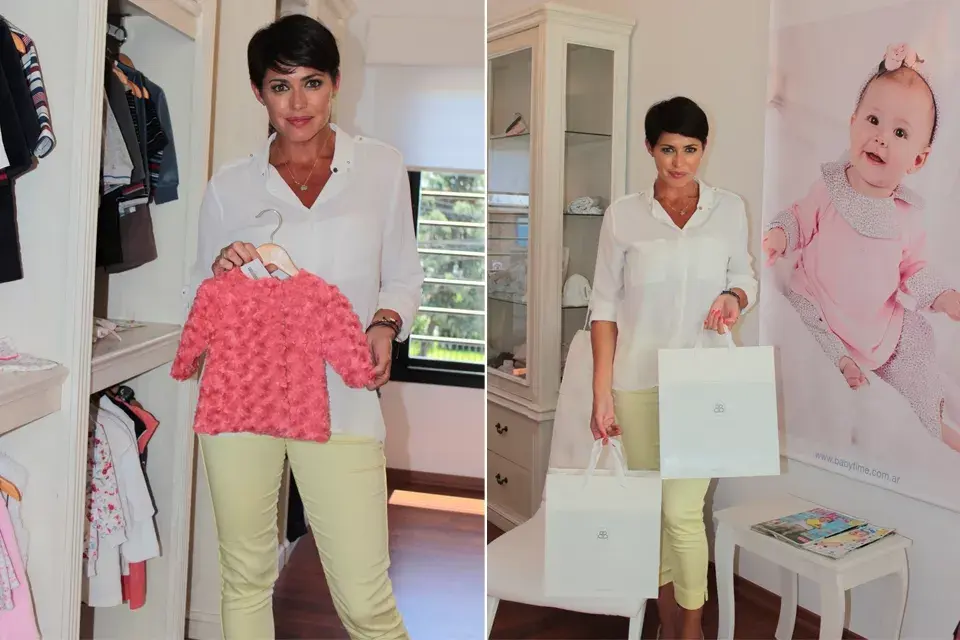 Pamela David estuvo presente en el showroom de Babytime eligiendo productos para su hija Lola. Estaba impecable con unos chupines en verde manzana y camisa blanca