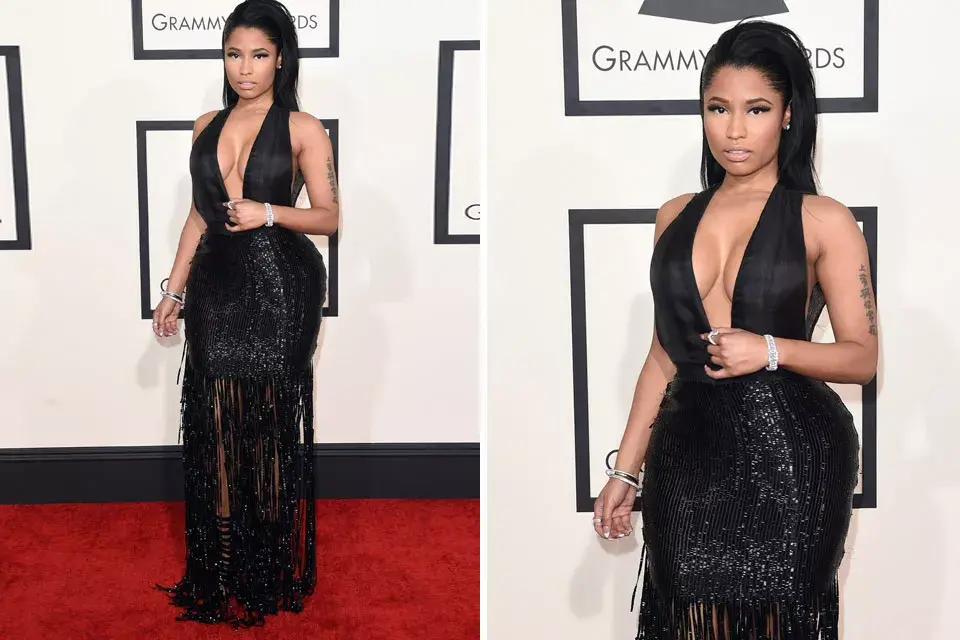 A juzgar por sus looks anteriores, Nicki Minaj apeló a la discreción con este look en negro, escote en V y falda de paillettes firmado por Tom Ford