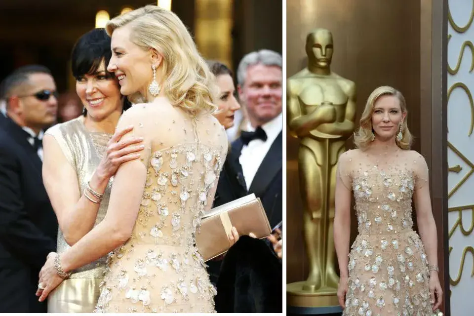 Elegante y muy sentador el Armani de Cate Blanchett. Fondo nude y piedras para la ganadora como mejor actriz por Blue Jasmine