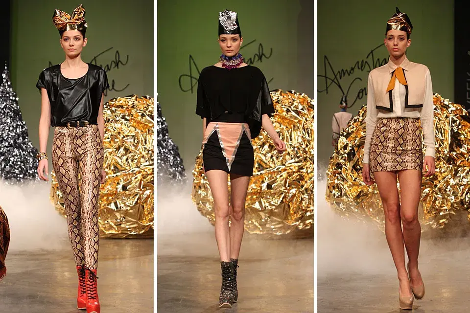 Polleras y pantalones muy al cuerpo y de tiro alto, en la pasarla de Amores Trash Couture