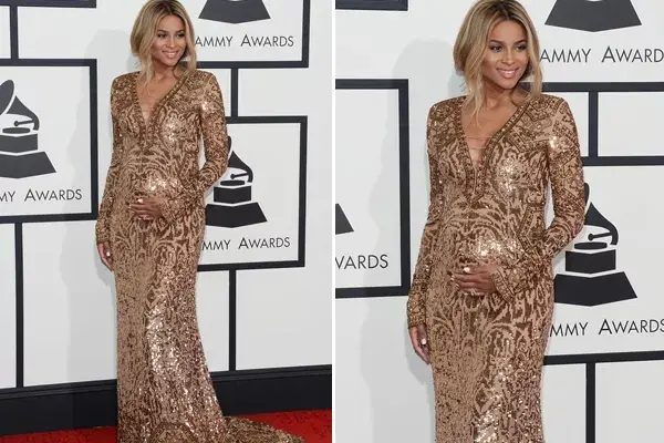 Ciara lució su bella pancita  con un vestido dorado con corte sirena, de Emilio Pucci. ¿Qué opinás de su look?
