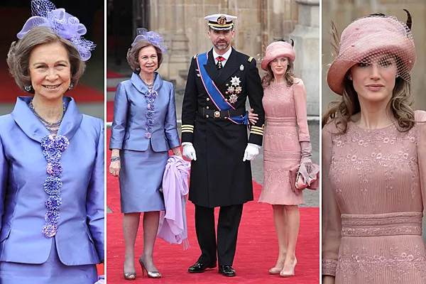 La reina Sofía, elegantísima con su traje violeta; Letizia se inclinó por un vestido rosa viejo de gasa con flores bordadas y un sombrero bien distinguido