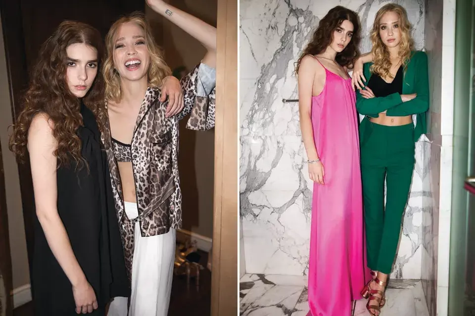 Izquierda: Agustina: Vestido de crepé (Giesso, $3386). Sasha: Blazer, corpiño con cierre (Uma, $4400 y $1950), pantalón pijama (Giesso, $2486). // Derecha: Agustina: vestido (Etiqueta Negra, $5900), brazalete (Swarovski, $5590). Sasha: Blazer (Markova, $3920), crop top (Blackmamba, $2780). pantalón